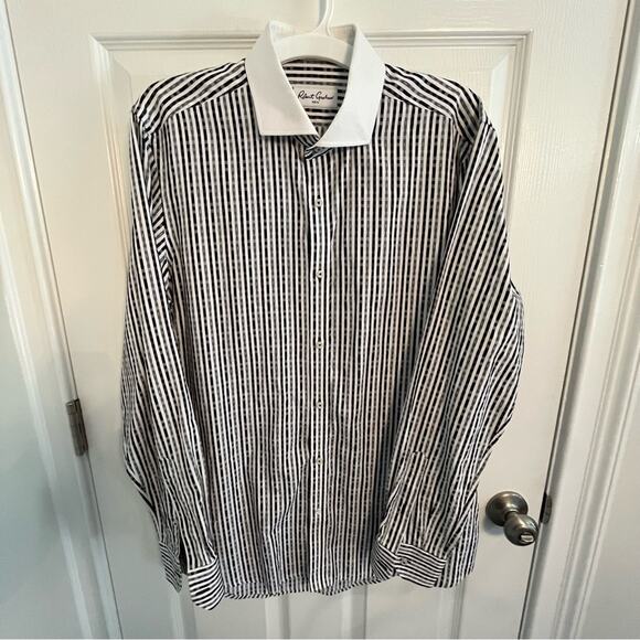 Robert Graham Dress Shirt Black white Stripe solid collar cuffs 42 16.5 - Picture 1 of 6